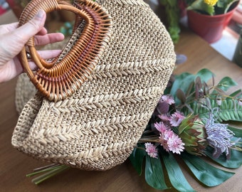 Raffia Bag, Bamboo Handle Bag, Straw Bag, Crochet Bag, Gift for Mom, Handmade Gift, Beach Bag, Boho Bag, Summer Bag, Beach Bag, Wicker Bag