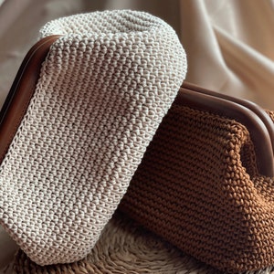 Crochet Cloud Bag, Leather Dumpling Clutch, Straw Bag, Pouch Bag, Beige Handbag, Summer Bag, Poche Bag, Handmade Bag, Popcorn Clutch Bag,