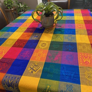 Beautiful Mexican Table Cloth / Colorful Squares / Aztec Patterns / 60 X 80 in.