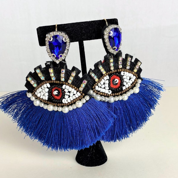 Extravagant Beautiful Oversized Hand-Made Evil Eye Earrings/ Statement Earrings/ Hand-Made Evil Eye Earrings with Rhinestones and Tassel