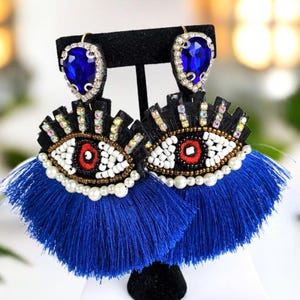 Extravagant Beautiful Oversized Hand-Made Evil Eye Earrings/ Statement Earrings/ Hand-Made Evil Eye Earrings with Rhinestones and Tassel
