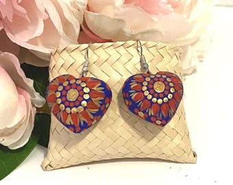 Hand-Painted Copal Wood Alebrije Heart Earrings: Oaxaca, Mexico