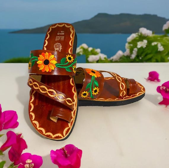 Brown Leather Huarache Sandals with Sunflower embroidered design
