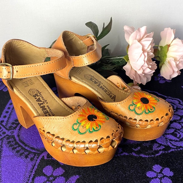 Chunky Heel Mexican Wedges with Sunflower Design (Honey Color)