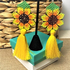 Beaded Sunflower Earrings/Huichol/With Tassel/Hand-made