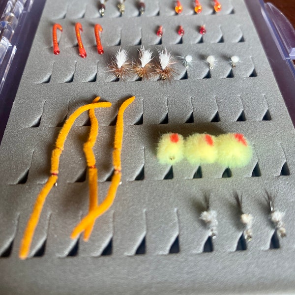 San Juan/Tailwater Assortment #1   (33 flies) With Box - trout flies - fly fishing - nymphs - leeches - annelids