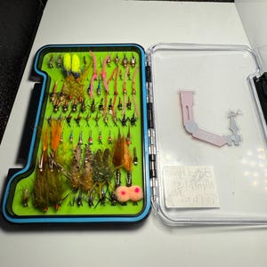 May include: An open fly fishing tackle box with a variety of colorful artificial flies. The flies are arranged on a green foam insert within a blue-trimmed, clear plastic case. The flies feature various colors and materials.
