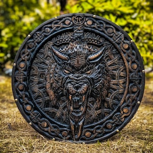 Fenrir Viking Shield, Medieval Wolf Carved Vikings Shield Wood Wall Art Viking Gift, Handmade Shield Birthday Gift Father&#39;s Day Gift