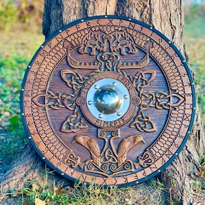 Medieval Viking Shield, Wolf Carved Custom Viking Shield, Wood Wall Decor Viking Gift Battle Ready Round Shield, Viking Cosplay Shield