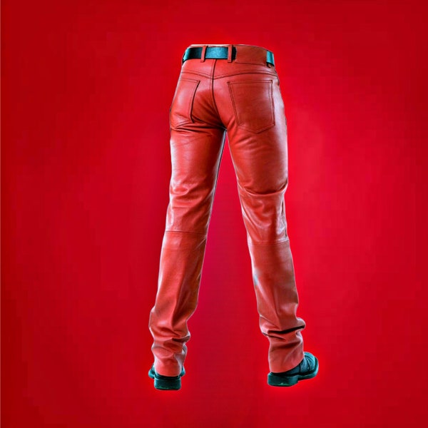 Handmade Red Genuine Sheepskin Leather Jeans for Men - Skin-Fit Real Leather Pants, Perfect Gift Idea
