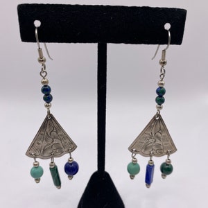 Malachite, lapis, turquoise , azurite, and silver earrings
