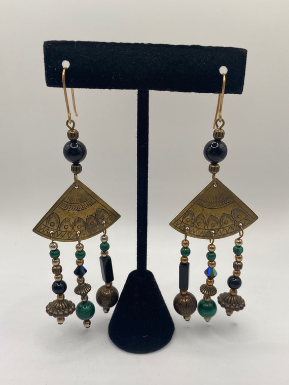 Malachite, onyx, and gold tone earrings