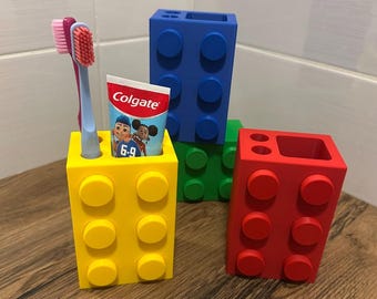 Brick Style Toothbrush Holder & Toothpaste Stand | Kids Bathroom Organizer | Fun Bathroom Storage | Multiple Colours