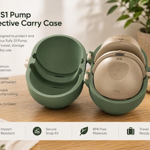 Pode incluir: Um estojo protetor verde-sálvia para a bomba Eufy S1 com design articulado. O estojo aberto revela um dispositivo de bomba Eufy S1 bege e arredondado no interior. O texto na imagem diz Eufy S1 Pump Protective Carry Case, Premium Protection, Portable & Lightweight, Durable & Long Lasting, Easy to Clean, Impact Resistant, Secure Snap Fit, BPA Free Materials e Travel Ready.