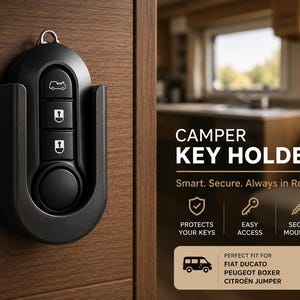 Könnte beinhalten: Ein schwarzer Kunststoff-Schlüsselhalter auf einer Holzoberfläche, der für einen Fahrzeugschlüssel konzipiert ist. Der Text lautet CAMPER KEY HOLDER, Smart. Secure. Always in Reach. PROTECTS YOUR KEYS, EASY ACCESS, SECURE MOUNTING, FIAT DUCATO, PEUGEOT BOXER, CITROËN JUMPER.