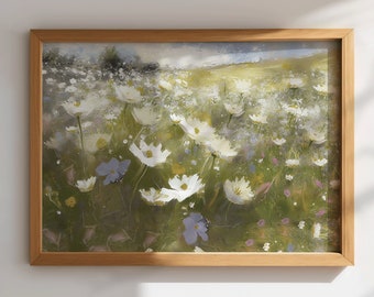 Printable Wildflower Field Landscape Oil Painting, Vintage Landscape Art Print, Country Field Wall Art Digital Download