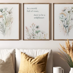 Set of 3 Wildflower Botanical Prints with Quote, Floral Printable Art, Gallery Wall art, Watercolor Farmhouse Art, Modern Home Decor Art