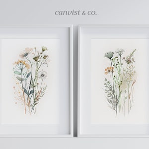 Conjunto de impresión botánica de acuarela de 2, arte imprimible floral, arte de la pared de la galería, arte de flores silvestres arte floral de la granja, arte moderno de la decoración del hogar