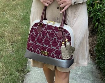 Embroidered Leather Handbag, Burgundy Floral Purse with Tassels