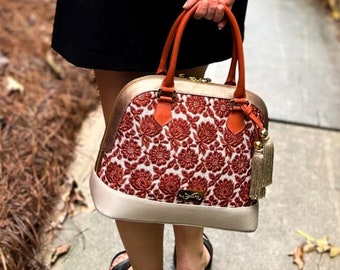 Leather Embroidered Handbag, Terracotta Floral Design, Tassel Accent