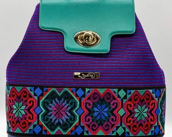Embroidered Leather Backpack, Artisan Loomed Boho Bag