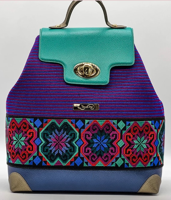 Embroidered and Leather Artisan Backpack Leather Backpack Bag: Embroidered Woven Boho Artisan Bag - Etsy main image 3