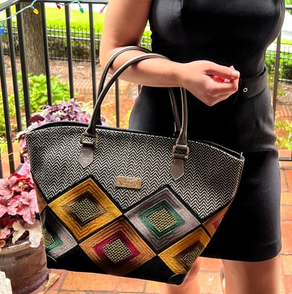 Leather Tote Handbag: Embroidered Geometric Design, Artisan Purse