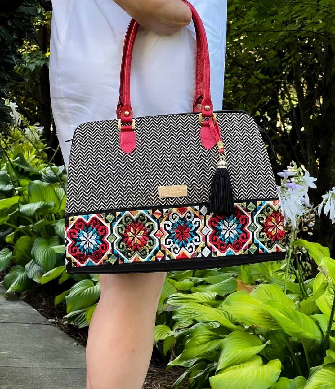 Classic Style Leather Handbag, Hand Embroidered Handbag, Artisan Purse, Red & Black Bag, Great