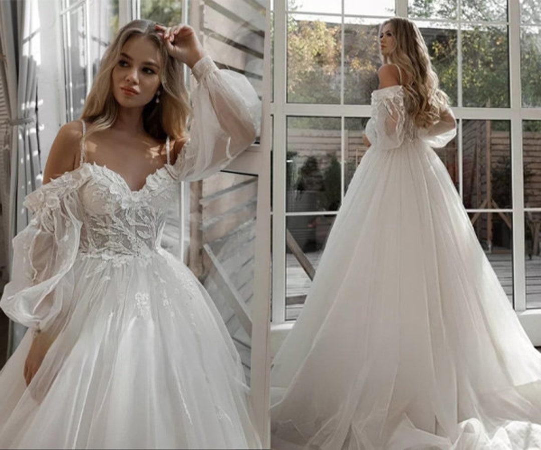 Princess Wedding Dresspuff Sleeve Beach Bridal Dressa Line - Etsy