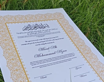 Nikkah Certificate with Feather Pen and Gold Frame, Nikkah Certificate, Nikkahnama, Muslim Marriage Certificate, A4/ A3 Certificate.P33