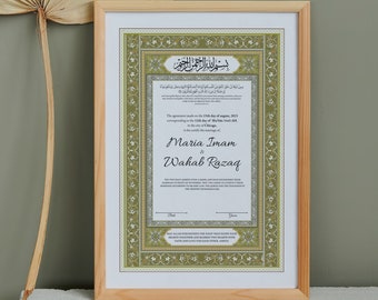 Luxury Nikkah Certificate, Premium A4 Islamic Wedding Contract, Nikkah Nama, Muslim Marriage Certificate, Personalised Names, A4, A3. NN172