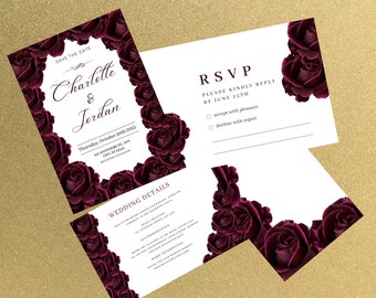 Conjunto de invitaciones de boda burdeos, boda burdeos, elegante invitación de boda con rosa burdeos, detalles, RSVP, editable, plantilla, 7