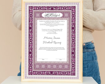 Certyfikat Nikkah do pobrania w wersji cyfrowej, spersonalizowany, luksusowy kontrakt Nikkah, islamski kontrakt ślubny, spersonalizowany muzułmański prezent ślubny. 174