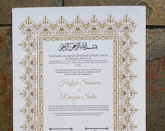 Nikkah-intyg med fjäderpenna och guldram, Nikkah-intyg, Nikkahnama, muslimskt vigselbevis, A4/A3-intyg. P3