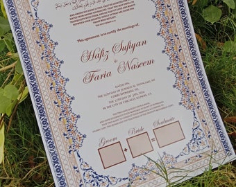 Nikkah-intyg med fjäderpenna och guldram, Nikkah-intyg, Nikkahnama, muslimskt vigselbevis, A4/A3-intyg. P31