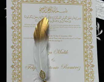 Nikkah-intyg med fjäderpenna och guldram, Nikkah-intyg, Nikkahnama, muslimskt vigselbevis, A4/A3-intyg. 42