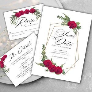 Rote Rose Hochzeitseinladung Vorlage, Rote Rose Einladen, Elegante Rote Rose Hochzeitseinladung, Bearbeitbar, Rsvp, Details, Digital Download