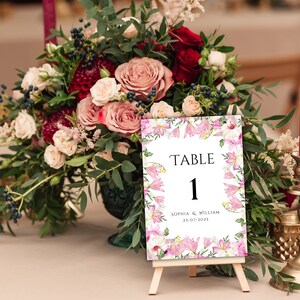 結婚式のテーブル番号テンプレート、結婚式のテーブル番号、ピンクの花、花輪、印刷可能なテーブル番号、結婚式の座席表。TS1