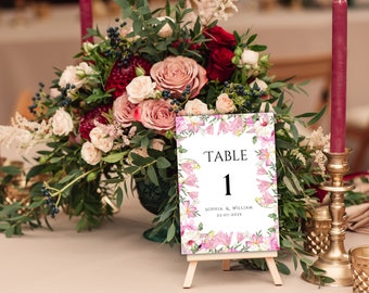 Pink Floral Wedding Table Numbers Template (Printable)