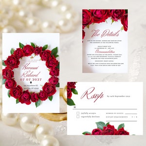 Red Rose Wedding Invitation set , Red Rose RSVP, Dark Red floral , Elegant Red Rose wedding Invitation, Details, Editable,Template, 5