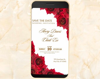 Moderne elektronische Hochzeitseinladung rote Rose, rote Rosen-Thema, elegante Hochzeitseinladung rote Rose, Smartphone-Einladung. WEIB30