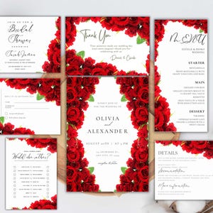 Rote Rose Hochzeitseinladung, Antwortkarte, Dankeskarte, Rote Rose Brautparty, Spiele Hochzeit Party Menü, Detailkarte, Vorlage, WB1