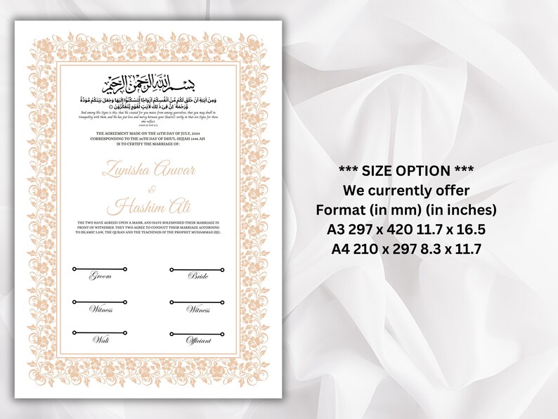 Nikkah Certificate Template, Traditional Islamic Wedding Agreement ...
