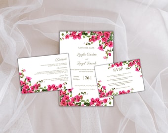 May include: A set of wedding stationery featuring a floral design with pink flowers and green leaves. The set includes a save-the-date card, an RSVP card, and a details card. The cards have white backgrounds.