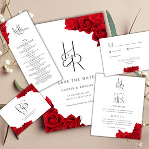 Ensemble de faire-part de mariage rose rouge, RSVP rose rouge, floral rouge foncé, faire-part de mariage élégant rose rouge, détails modifiables, carte de menu, WC34