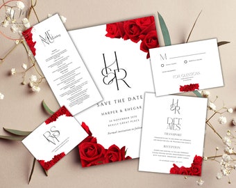 Red Rose Wedding Invitation set, Red Rose RSVP, Dark Red floral, Elegant Red Rose wedding Invitation, Details Editable, Menu Card, WC34