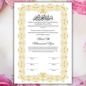May include: A formal wedding certificate with ornate gold filigree borders and text in both English and Arabic. The names Miral Ali and Mohammad Azan are featured prominently. The document is set against a white background.