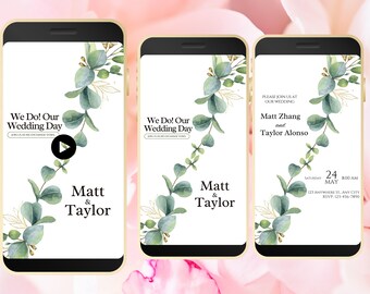 Digital Wedding Invitation, Eucalyptus Mobile Invite, Greenery invitation Template, Greenery Smartphone Evite, Mobile Invite. WEI34