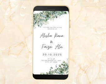 Plantilla de invitación digital de boda verde salvia - Invitación digital para teléfono - Invitación minimalista editable. Invitación de boda. WEIB36