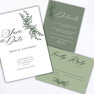 May include: A set of wedding stationery featuring a "Save the Date" card, a details card, and a reply card. The cards have a white and sage green color scheme with elegant script and botanical illustrations.